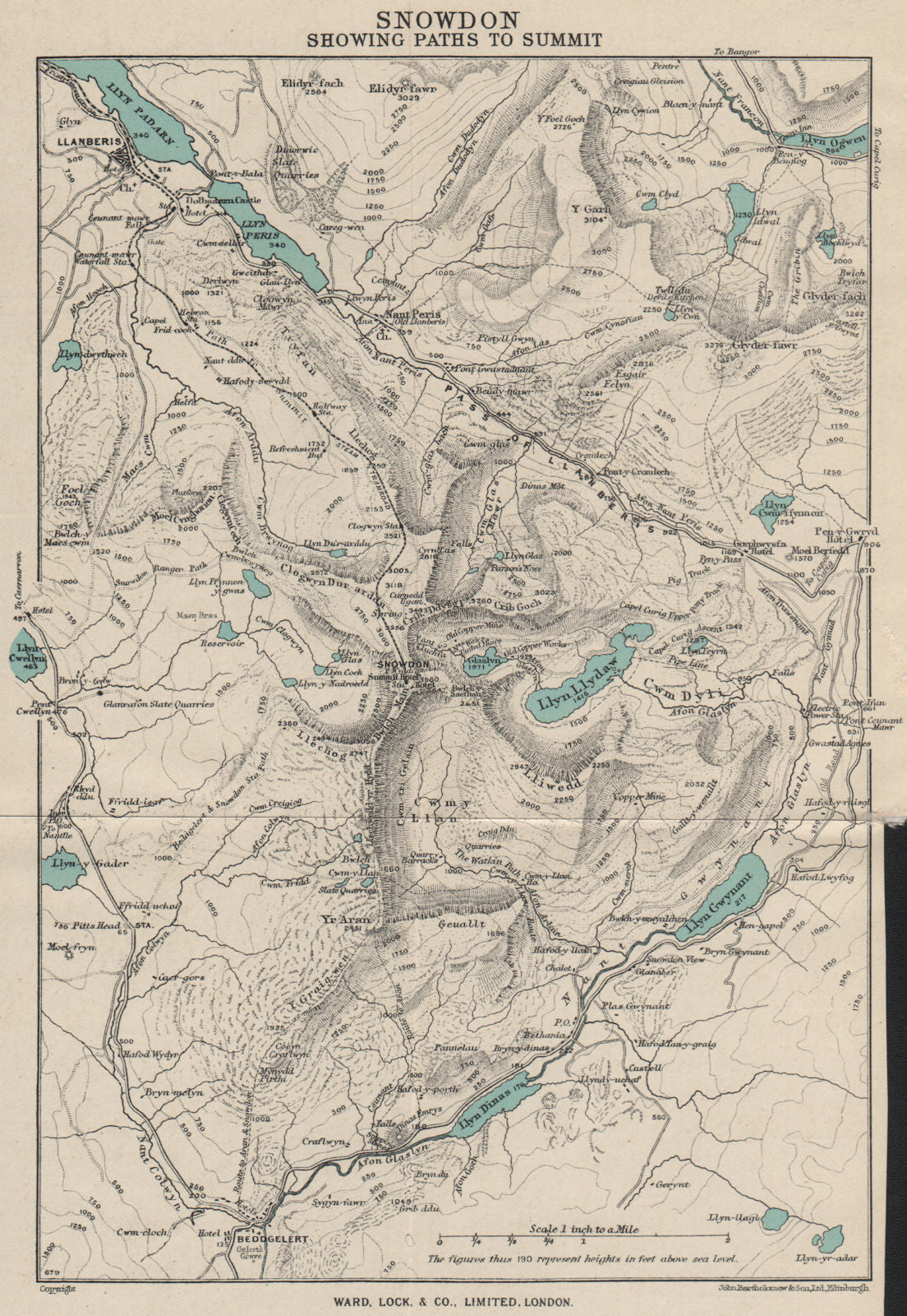 SNOWDON SHOWING PATHS TO SUMMIT. Llanberis. WARD LOCK 1950 old vintage map